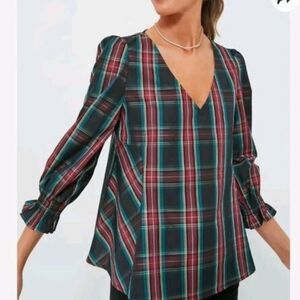 Tuckernuck Highland Plaid Easton Blouse in Glen V-Neck Puff Sleeves XL NWT